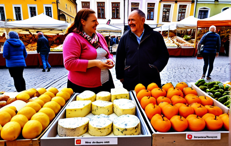 **Image:** A vibrant community farmers market in Krakow's Main Square (Rynek Główny), overflowing with fresh produce. Focus on close-ups of local cheeses, honeys, and traditional Polish baked goods like "obwarzanki". People are smiling, interacting with farmers, and exchanging recipes. In the background, the Cloth Hall (Sukiennice) is visible. The overall atmosphere is bustling and colorful.